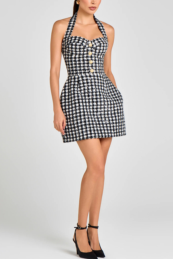 Mila Check Bouclé-tweed Fabric Halter Sweetheart Neck Gold Button Pocketed Mini Dress-consonak