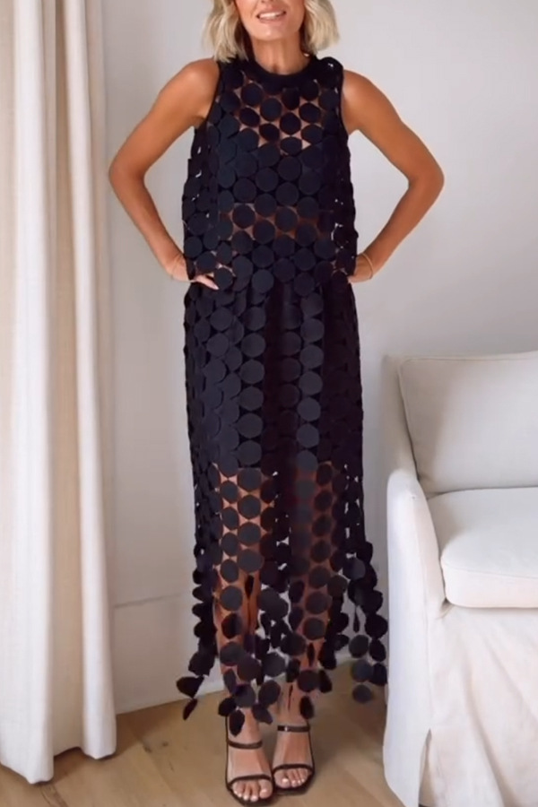 Casie See Through Circle Embroidery Elastic Waist Tassle Hem Maxi Skirt-consonak