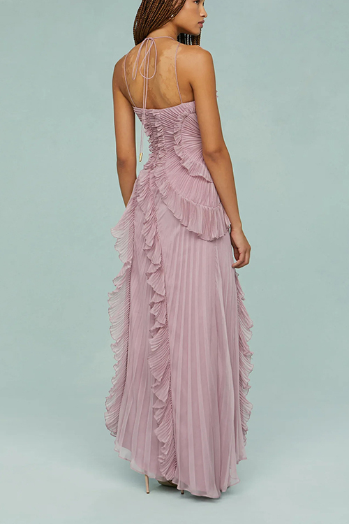 consonak Strappy Halter Neck Ruffle Trim Asymmetric Hem Pleated Maxi Dress-consonak
