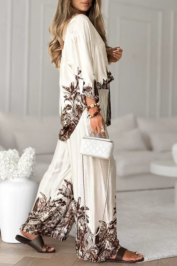 Botanical Print Loose Long-sleeved Shirt and Elastic Waist Pocket Casual Wide-leg Pants-consonak