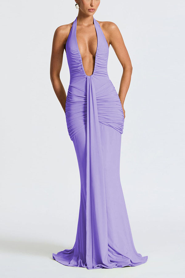 Solid Color Elegant Halterneck V-neck Open Back Tie Gathered Maxi Dress-consonak