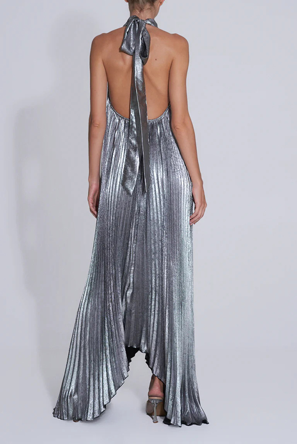 Celebration Party Pleated Metallic Fabric High Deep V-cutout Halter Neck A-line Maxi Dress-consonak