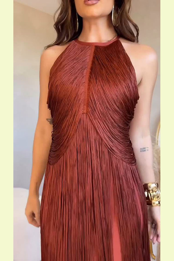 Fashion Sleeveless Halter Neck Elegant Tassel Slim Maxi Dress-consonak
