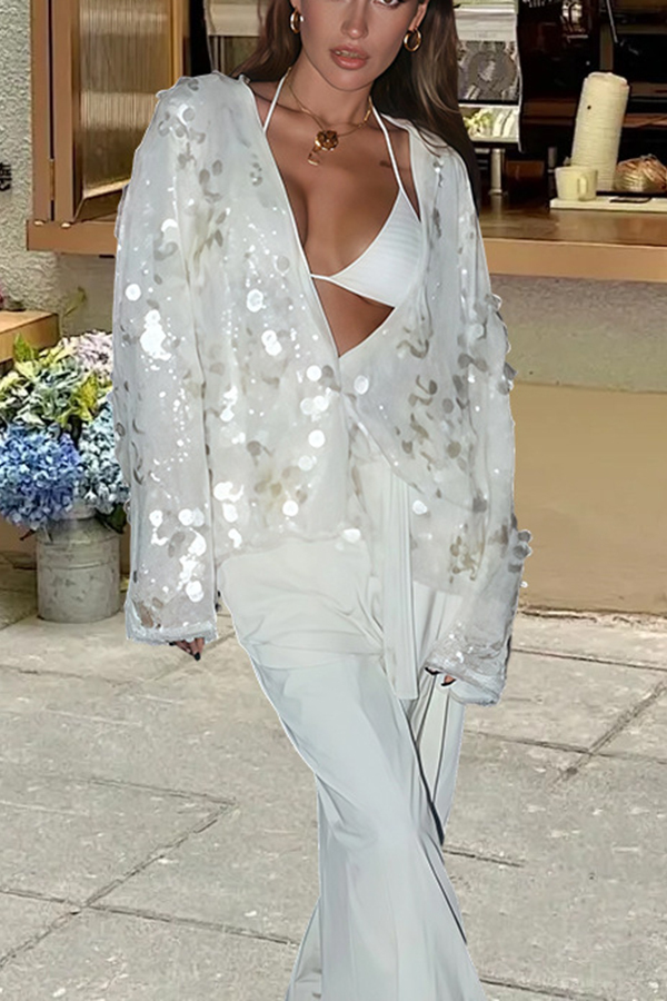 Fashion Sequined Casual Long-sleeved Tie Loose Coat-consonak