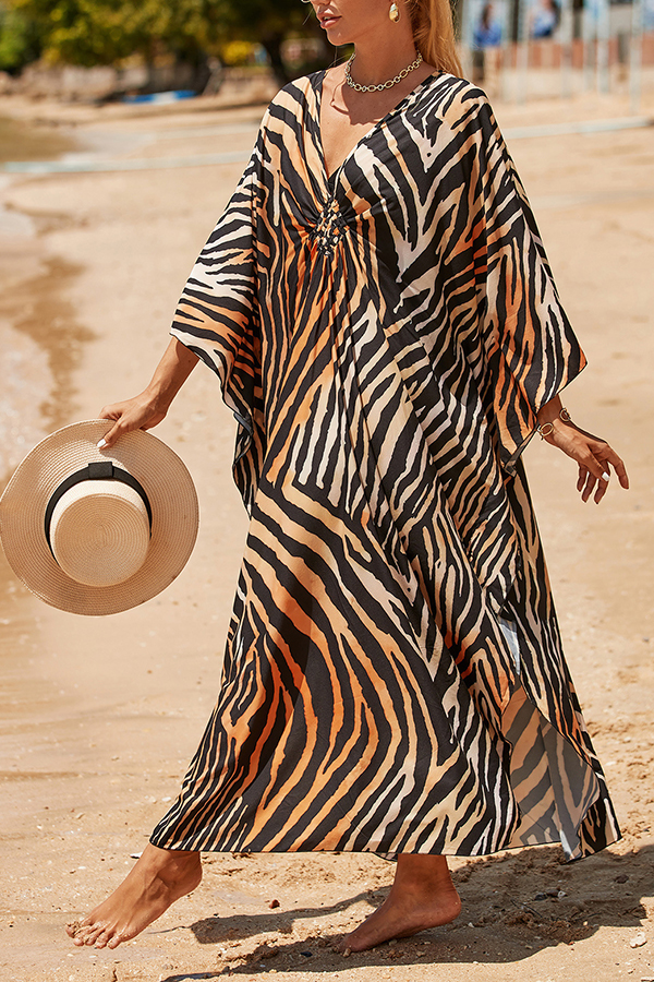 Simple Unique Printed Pleated Front Slit Cover Up-consonak