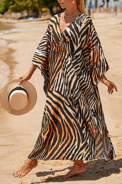 Simple Unique Printed Pleated Front Slit Cover Up-consonak