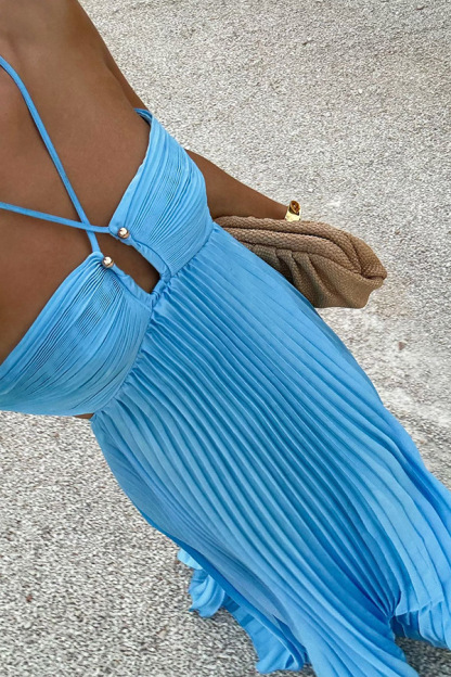 Caught Your Eye Satin Pleated Cross Straps Cutout Flowing Maxi Dress-consonak