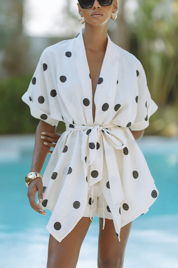 Playful Linen Blend Polka Dot Tie-up Kimono Top and Elastic Waist Pocket Shorts Set | Consonak