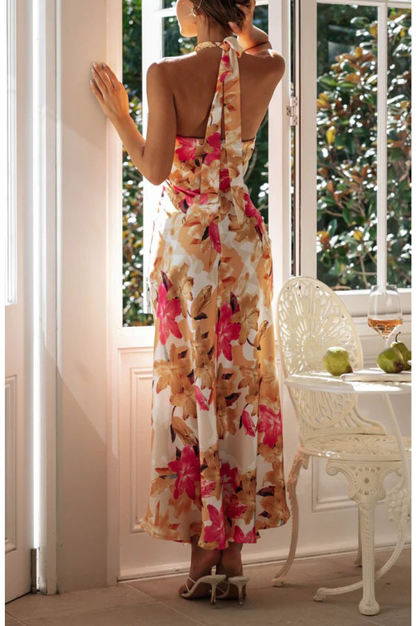 Happier Now Satin Floral Halter Maxi Dress-consonak