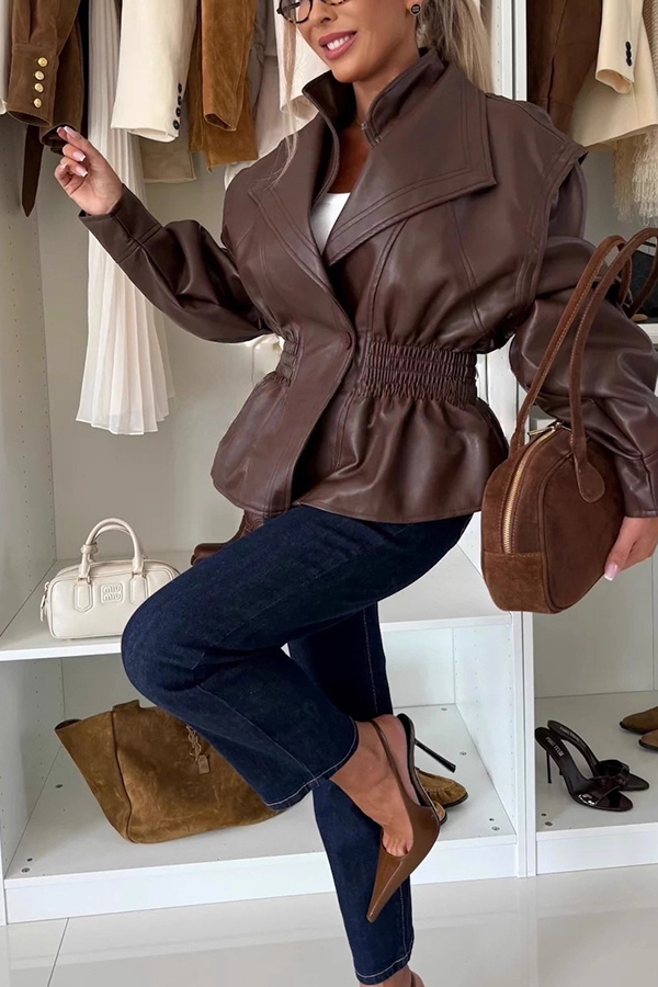 Play It Cool Faux Leather Single Button Elastic Waist Lapel Moto Jacket-consonak