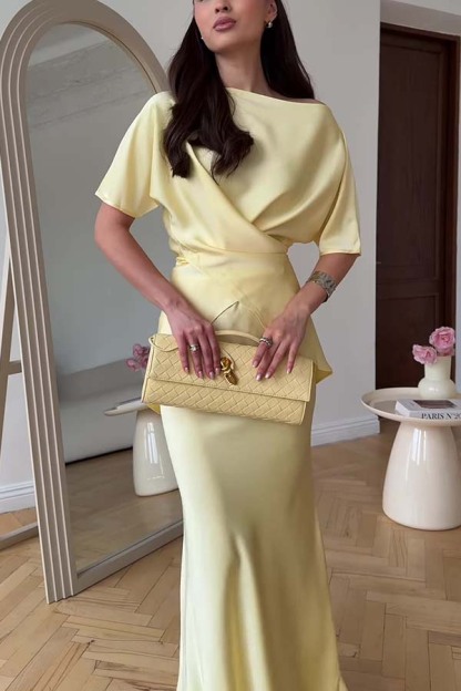 Secret of Elegance Satin Slit Back Lace-up Top and Elastic Waist Flare Maxi Skirt Set