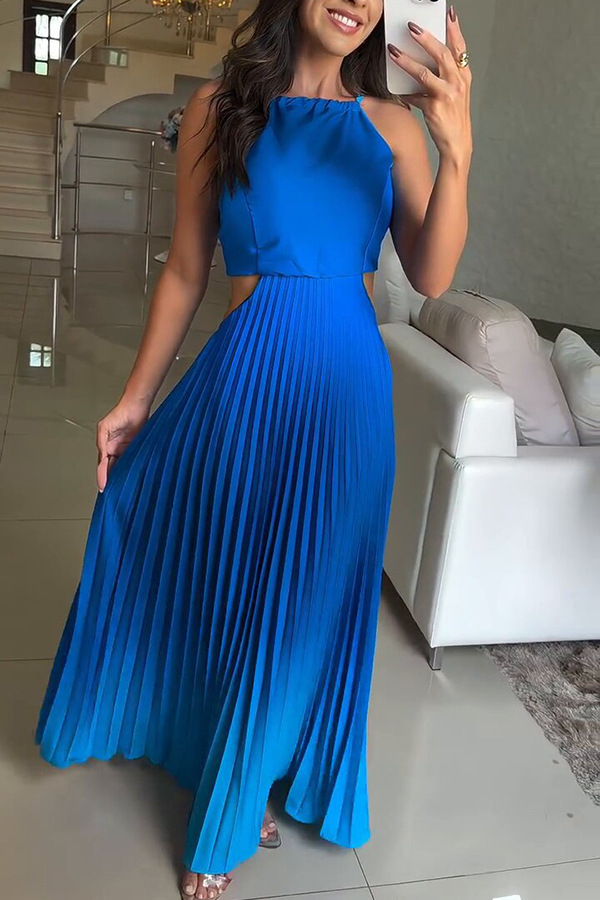 Fashionable Backless Tie Elegant Gradient Pleated Maxi Dress | Consonak