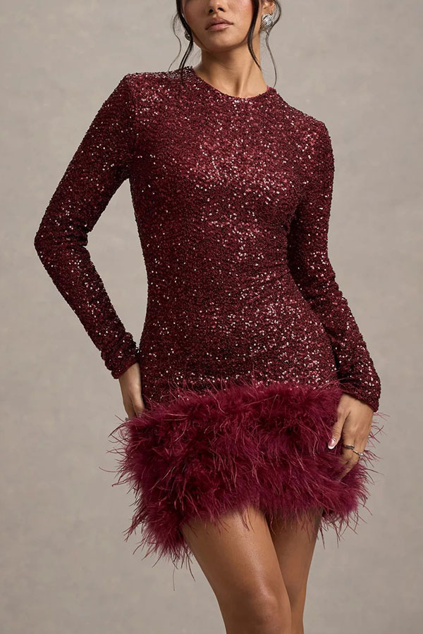 Party Must-have Sequin Long Sleeve Feather Trim Stretch Mini Dress-consonak