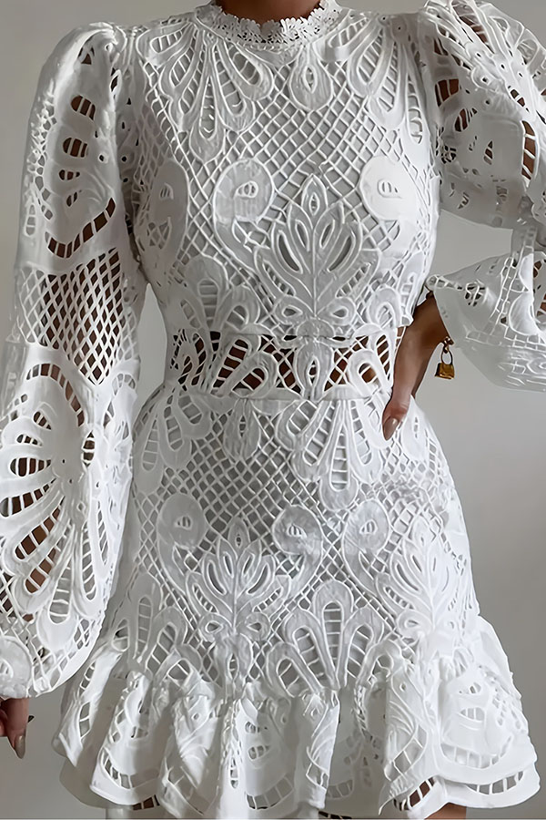 Solid Color Hollow Long-sleeved Waisted Lace Mini Dress-consonak