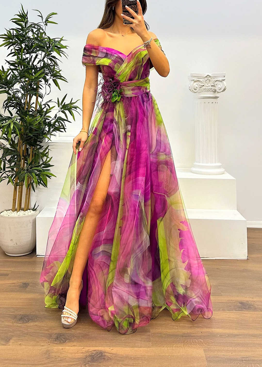 Fairy Flower Feather Pendant Elegant Fallen Fold Off Shoulder Party Split Design Long Dress-consonak