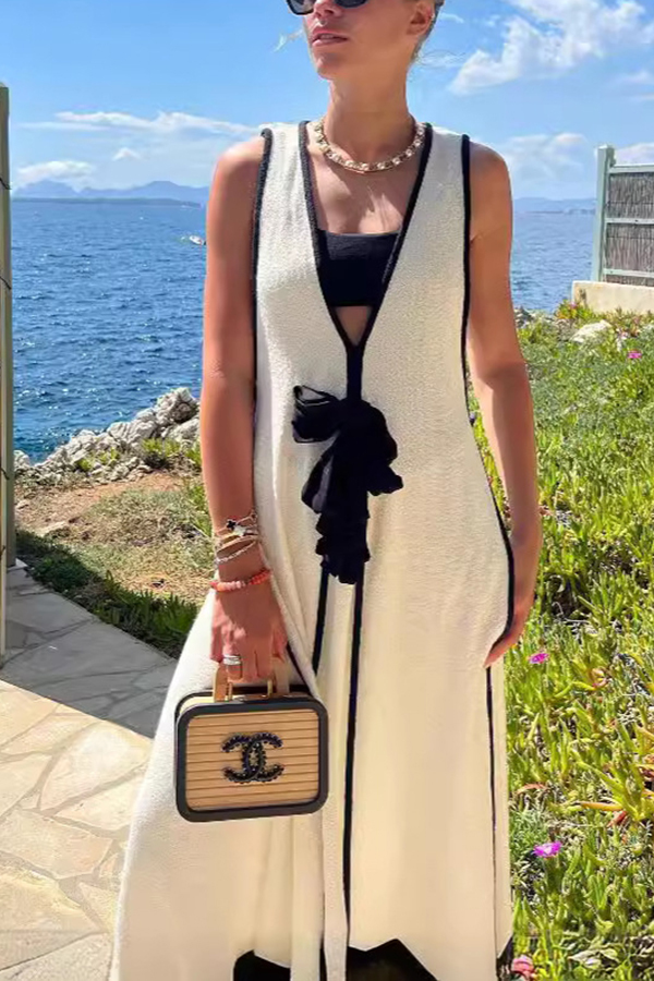 Boat Date Knit Contrast Self Tie Flowy Oversized Maxi Dress-consonak