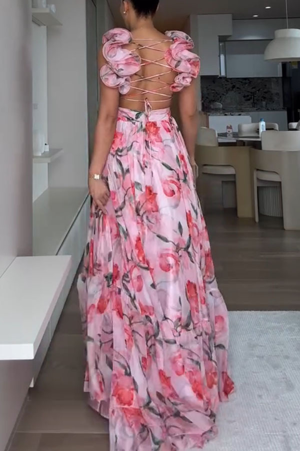 Whimsy Grace Tulle Floral Ruffle Detail Back Lace-up Pleated Maxi Dress-consonak