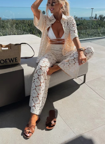 Holiday Crochet Flowers Lace Short Sleeve Shirt and Elastic Waist Wide Leg Pants Set-consonak