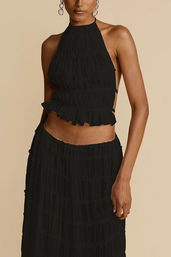 Versatile retro charm pleated drawstring waistline long skirt set | Consonak