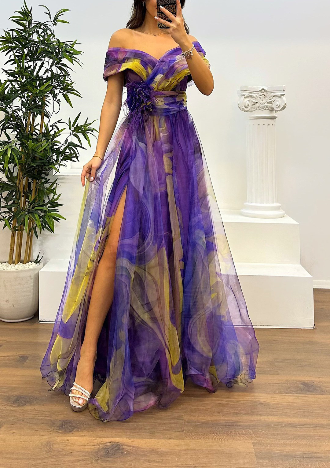 Fairy Flower Feather Pendant Elegant Fallen Fold Off Shoulder Party Split Design Long Dress-consonak