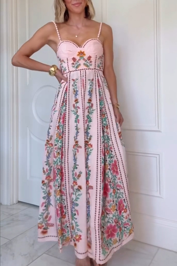 Linen Blend Delicate Forest Unique Print Sweetheart Neck Beaded Straps Maxi Dress | Consonak