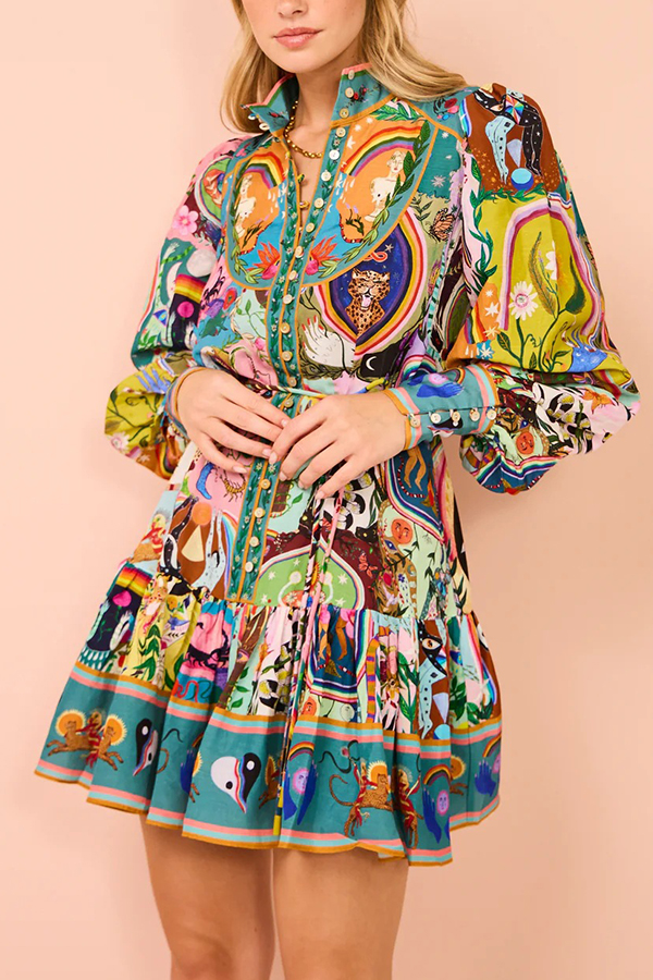 Touch of Luxury Unique Print Balloon Sleeve Button Shirt Mini Dress-consonak