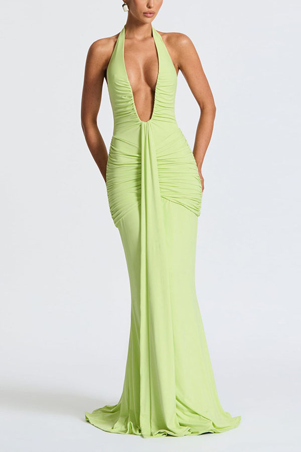 Solid Color Elegant Halterneck V-neck Open Back Tie Gathered Maxi Dress-consonak