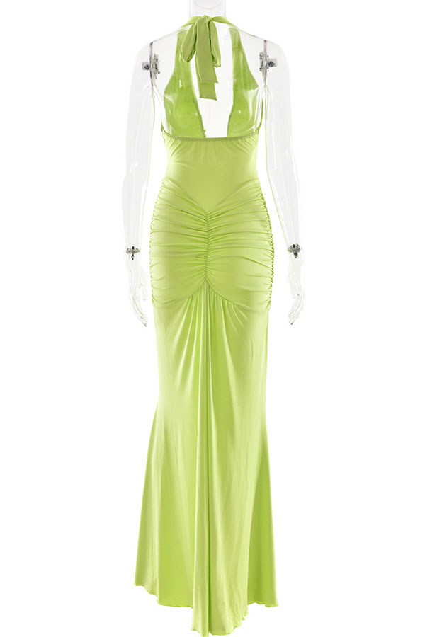 Solid Color Elegant Halterneck V-neck Open Back Tie Gathered Maxi Dress-consonak