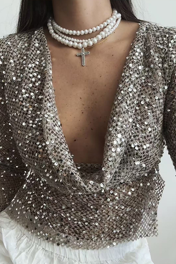 Fashionable Sequined Fishnet Casual Long-sleeved Top