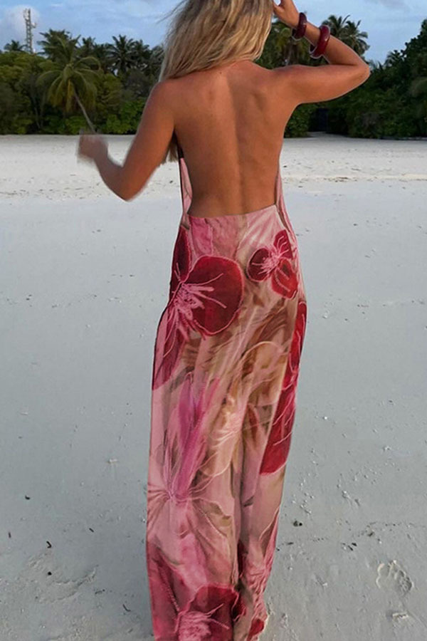 Floral Print Sexy Backless Slit See-Through Holiday Maxi Dress-consonak