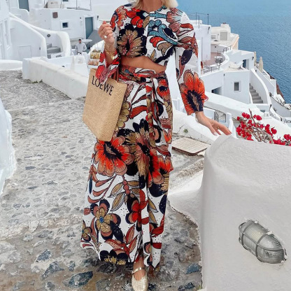 Hollow lace unique printed bell shaped sleeve crop top and lace up long skirt set-consonak