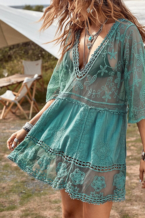 Lace V Neck Hollow Short Sleeved Cover Up-consonak
