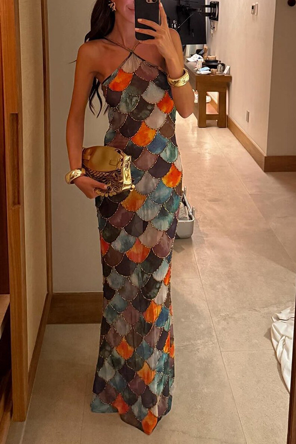 Little Mermaid Colorful Scales Print Halter Maxi Dress-consonak