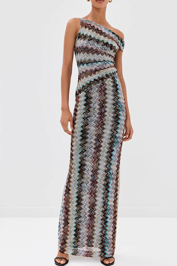 Cocktails and Vacation Knit Colorful Zigzag Pattern One Shoulder Slit Maxi Dress-consonak