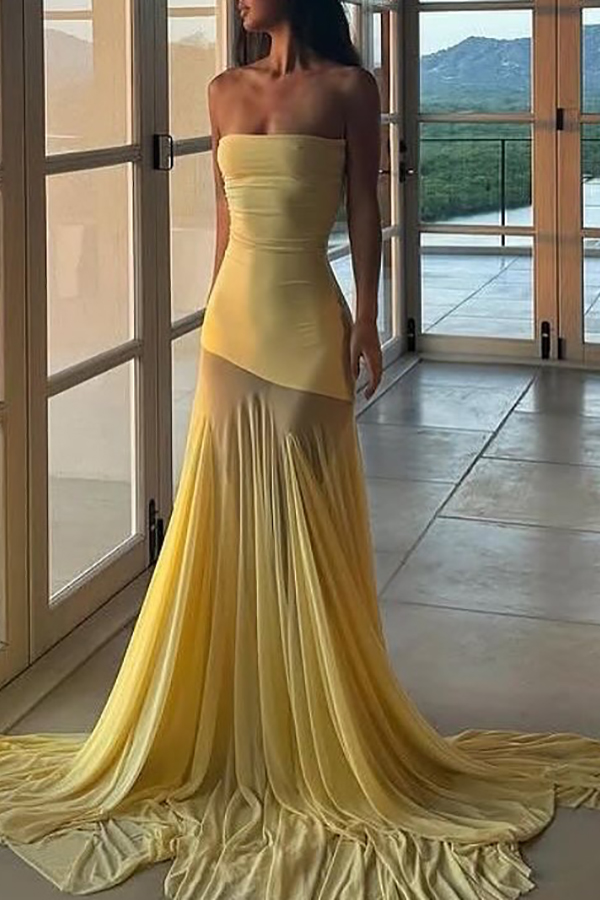 Solid Color Sleeveless Off-shoulder Mesh-paneled Fitted Maxi Dress-consonak