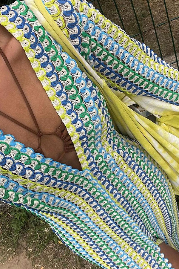 Eleanor Knit Colorful Wave Unique Print Shirt U-neck Long Sleeve Slit Maxi Dress-consonak