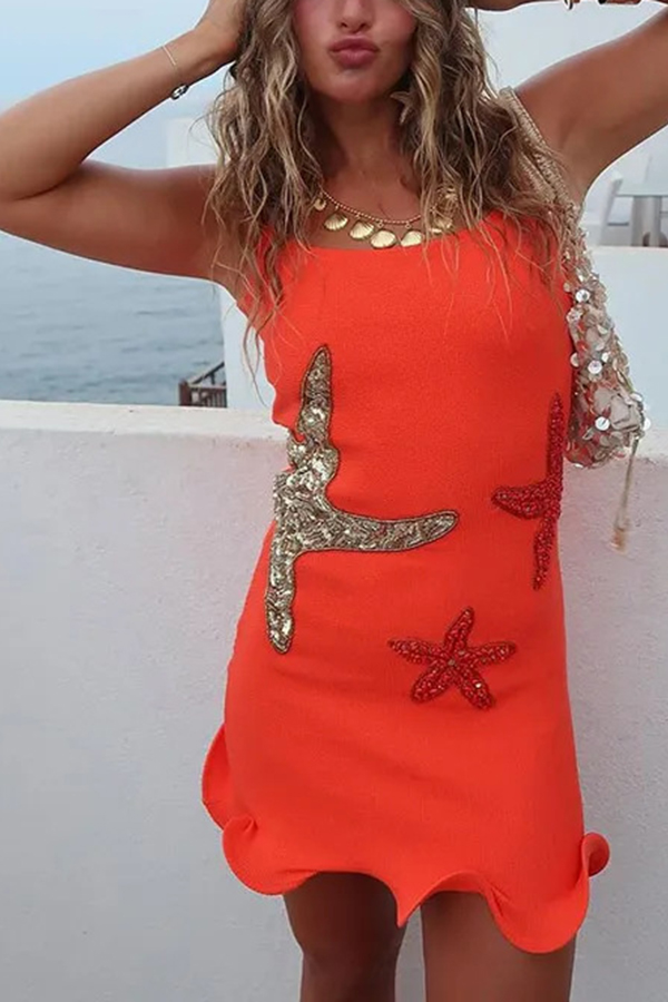 Beachside Dreams Starfish Sequin Wave Hem Stretch Tank Mini Dress-consonak