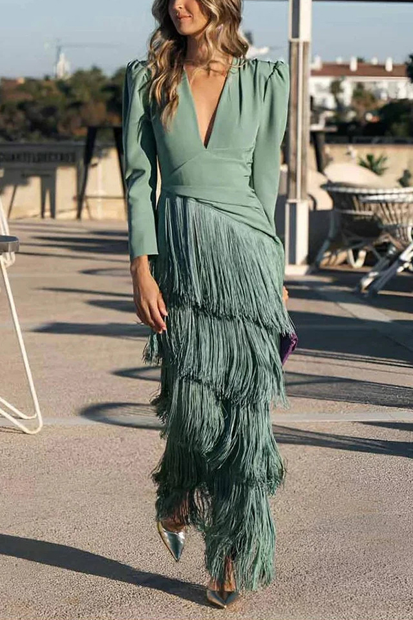 Solid Color V-Neck Long Sleeve Elegant Tassel Maxi Dress-consonak