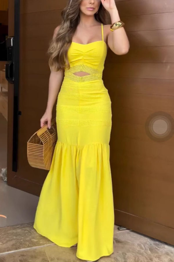 Beautiful Essence Crochet Lace Patchwork Hollow Fishtail Maxi Dress-consonak