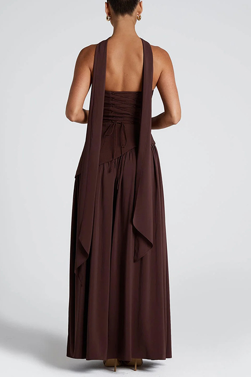 consonak Strapless Back Lace-up High Slit Splice Maxi Dress-consonak