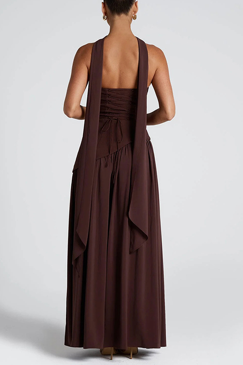 consonak Strapless Back Lace-up High Slit Splice Maxi Dress-consonak
