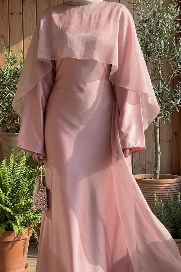 Dusty Pink Satin Mermaid Maxi Dress with Chiffon Cape | Evening Party Gown