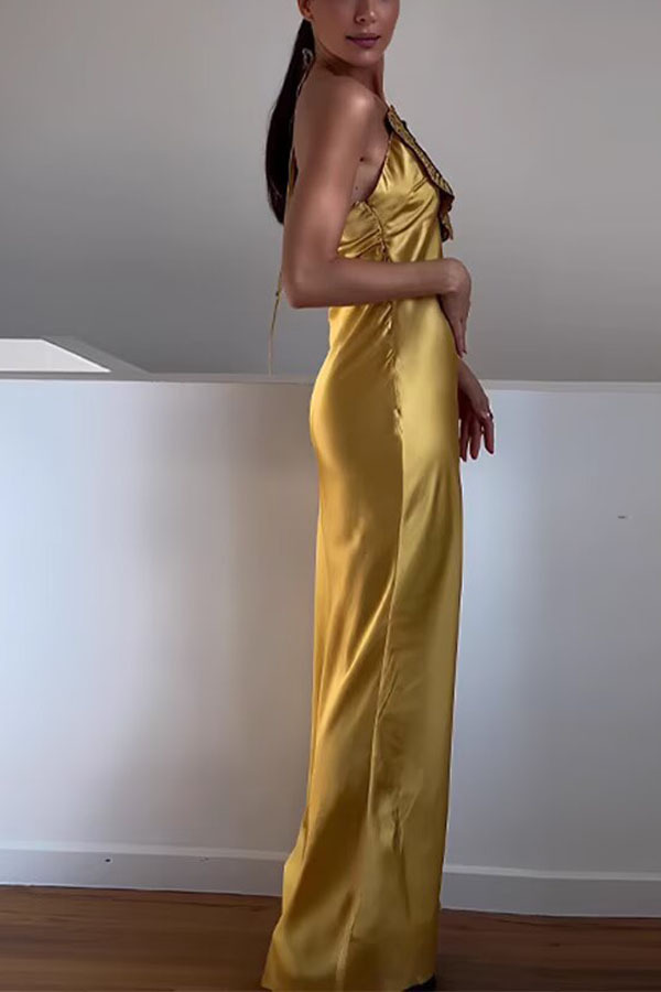 Fashionable Beaded Large Flower Decoration Halter Neck Backless Maxi Dress-consonak