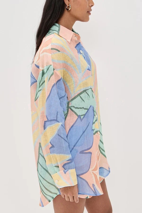 Bella Linen Blend Colorful Unique Print Long Sleeve Blouse and Elastic Waist Pocket Loose Shorts Set-consonak