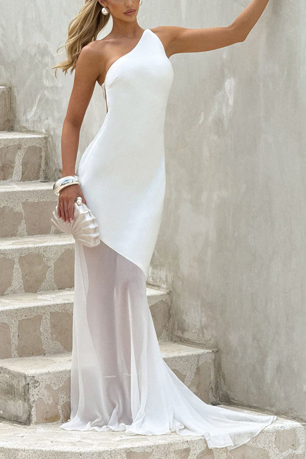Fable Satin One Shoulder Back Adjustable Straps Contrast Chiffon Hem Maxi Dress-consonak