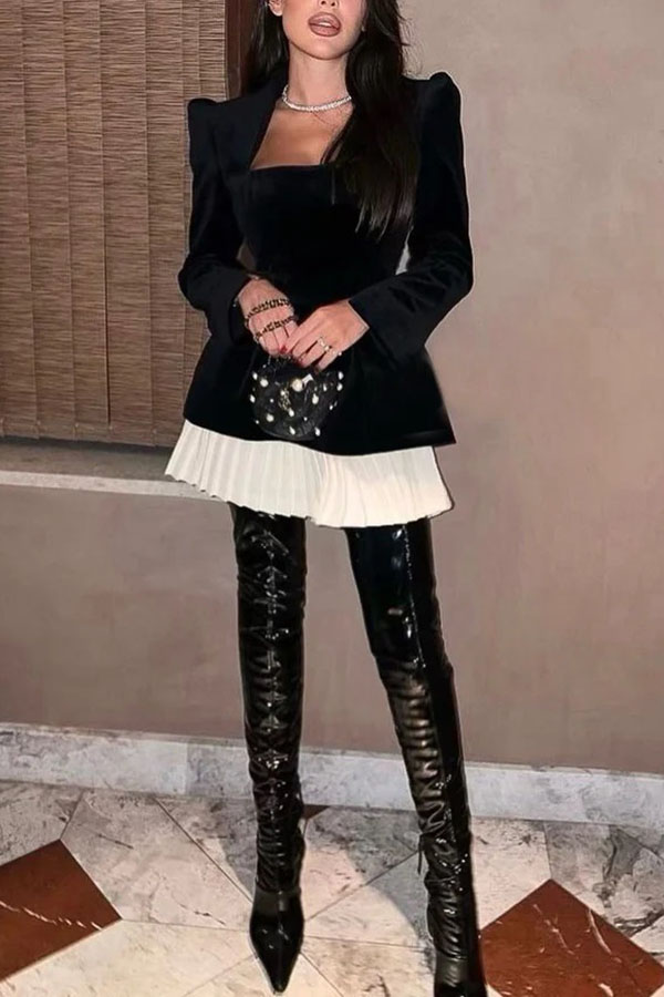 Netta Velvet Square Neck Long Sleeve Back Pearl Detail Pleated Mini Dress-consonak