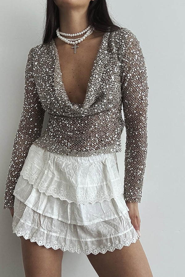 Fashionable Sequined Fishnet Casual Long-sleeved Top
