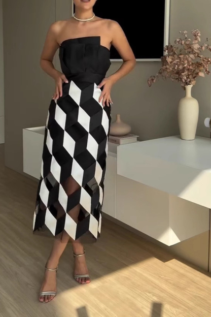 Sexy Tube Top and Backless Rhombus Contrast Midi Dress-consonak