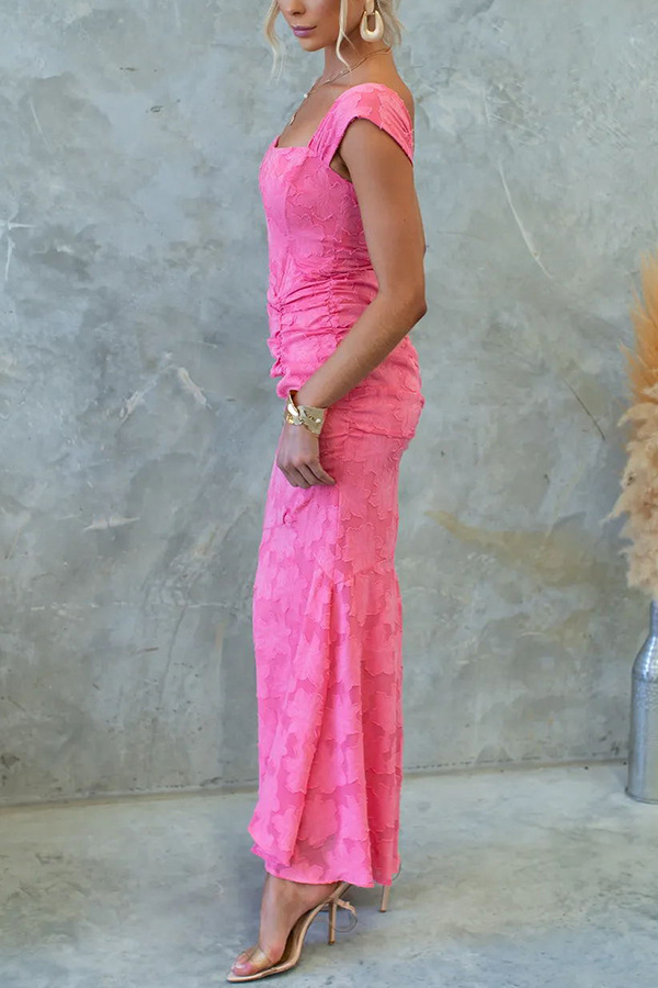 Unreal Beauty Floral Textured Material Ruched Fishtail Maxi Dress-consonak