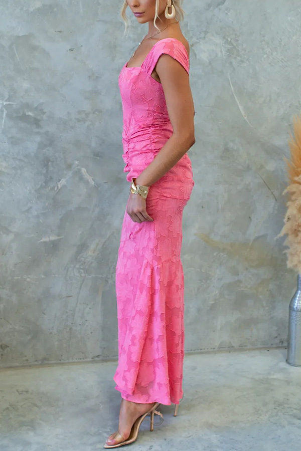 Unreal Beauty Floral Textured Material Ruched Fishtail Maxi Dress-consonak